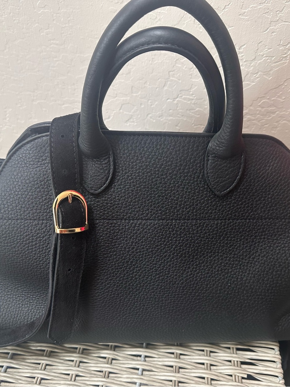 Structured Black Pebbled Satchel with Gold-Tone Buckle